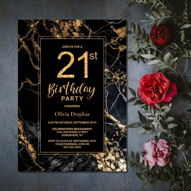 Black Gold Marble 21st Birthday Party Invitation (Creator Uploaded)