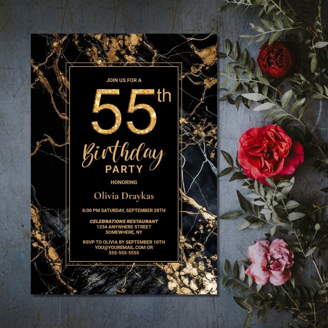 Black Gold Marble 55th Birthday Party Invitation (Creator Uploaded)