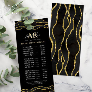 Black & Gold Marble Agate Beauty Salon Price List Rack Card