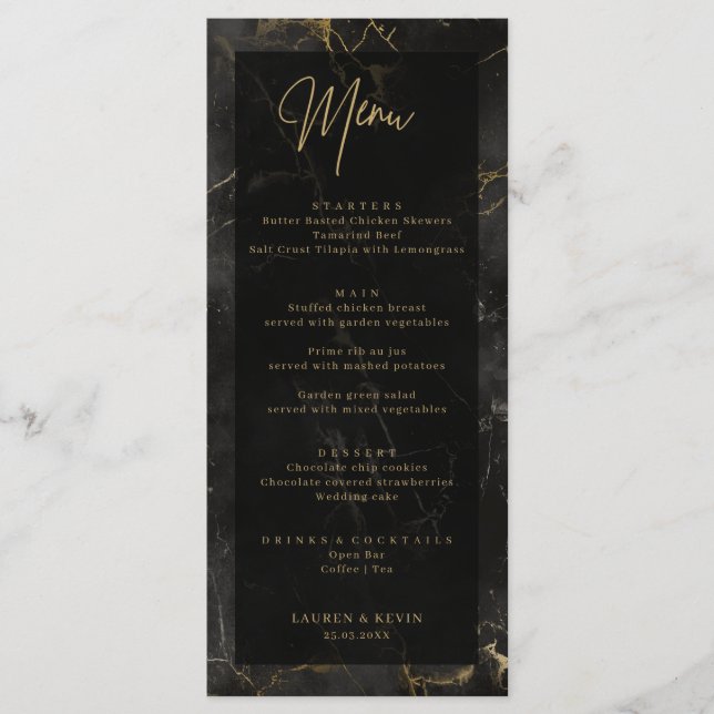 Black gold marble agate Wedding Menu Card (Front)