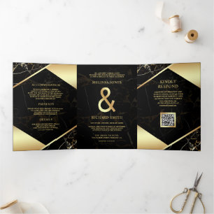 Black Gold Marble Ampersand QR Code Wedding Tri-Fold Invitation