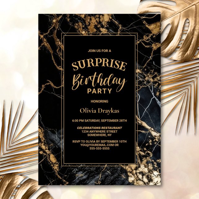 Black Gold Marble Any Age Surprise Birthday Party Invitation (Creator Uploaded)