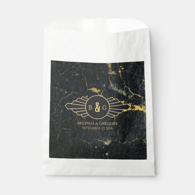 Black Gold Marble Art Deco Wedding Favour Bags (Front)