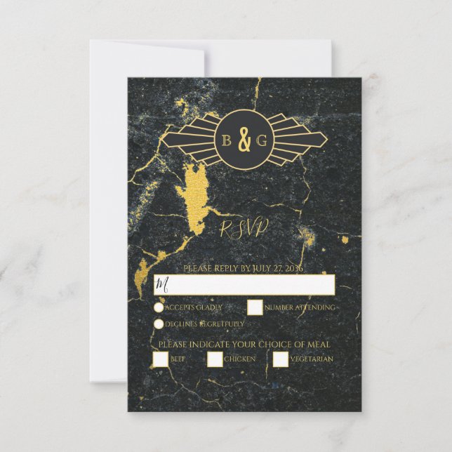 Black Gold Marble Art Deco Wedding RSVP Card (Front)