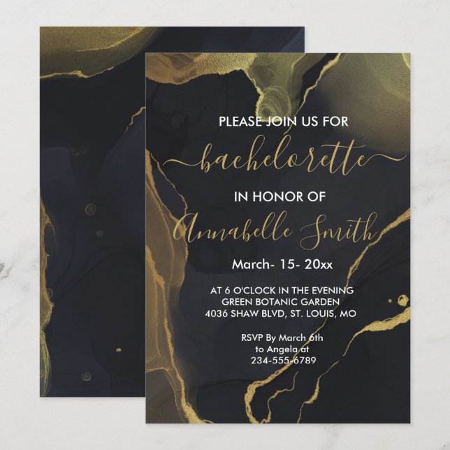 black & Gold Marble  bachelor invitation (Front/Back)