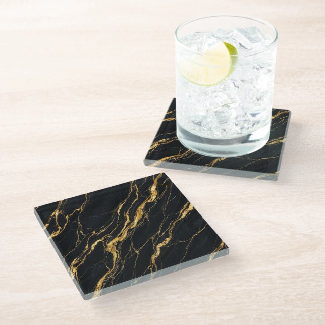 Black Gold Marble Elegant Drink Table Decor Glass Coaster (Angled)