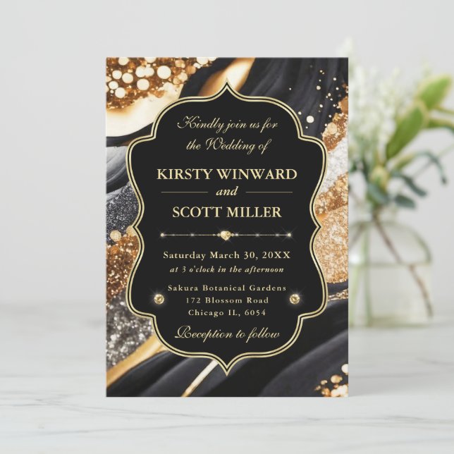 Black Gold Marble Glitter Elegant Wedding Invitation (Standing Front)