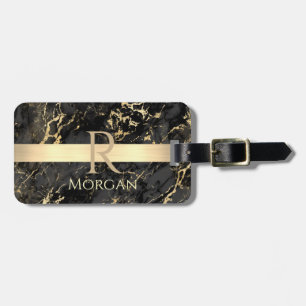 Black+Gold Marble Gold Bar DIY Name+Monogram, Info Luggage Tag