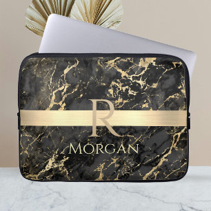 Black & Gold Marble, Gold Bar, DIY Name & Monogram Laptop Sleeve