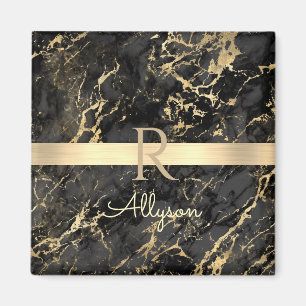 Black & Gold Marble, Gold Bar, DIY Name & Monogram Magnet