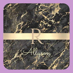 Black & Gold Marble, Gold Bar, DIY Name & Monogram Square Paper Coaster