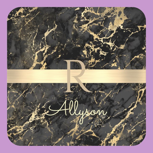 Black & Gold Marble, Gold Bar, DIY Name & Monogram Square Paper Coaster (Creator Uploaded)