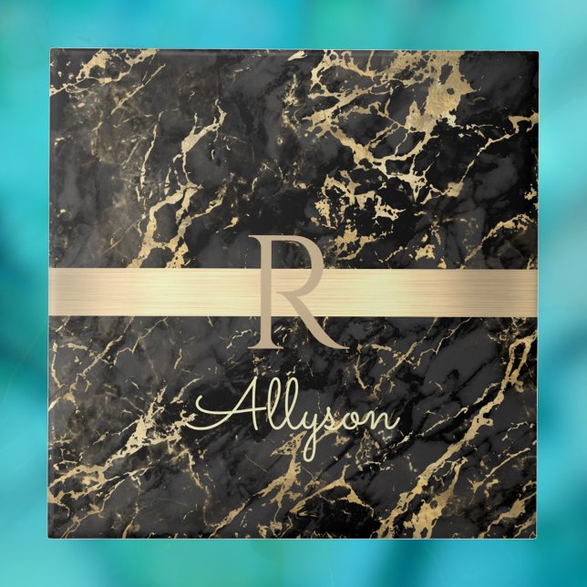 Black & Gold Marble, Gold Bar, DIY Name & Monogram Tile (Creator Uploaded)