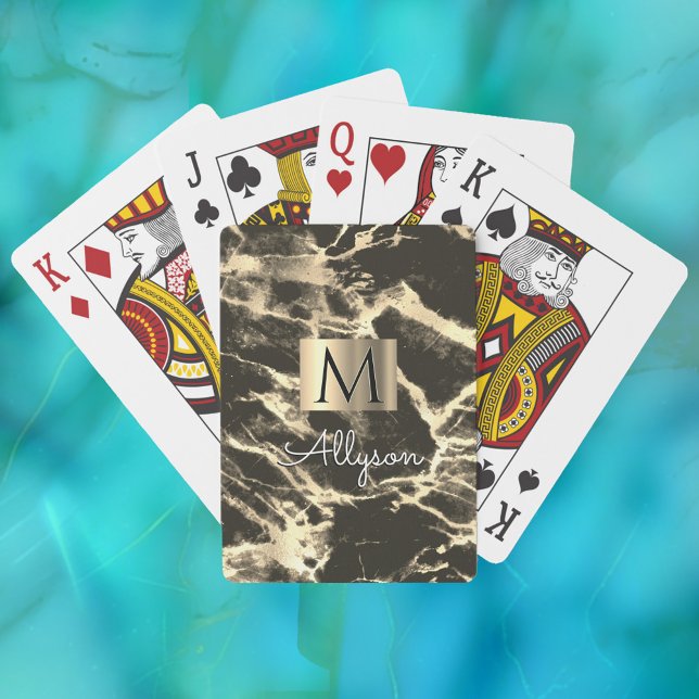 Black & Gold Marble Gold Box, Name & Monogram Vs 6 Playing Cards (Creator Uploaded)