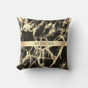 Black & Gold Marble, Gold Stripe, Name & Monogram Cushion