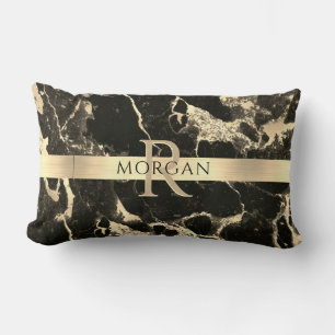 Black+Gold Marble, Gold Stripe, Name+Monogram, Vs2 Lumbar Cushion
