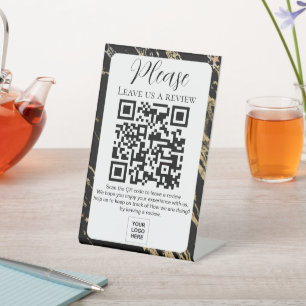 Black Gold Marble Leave us a Review QR code Pedestal Sign