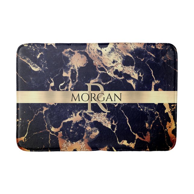 Black+Gold Marble Lg Gold Stripe Name+Monogram Vs2 Bath Mat (Front)