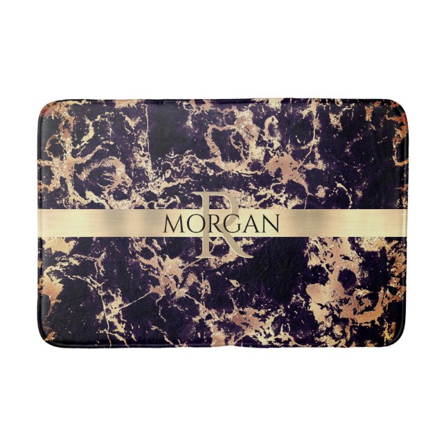 Black+Gold Marble Lg Gold Stripe Name+Monogram Vs3 Bath Mat (Front)