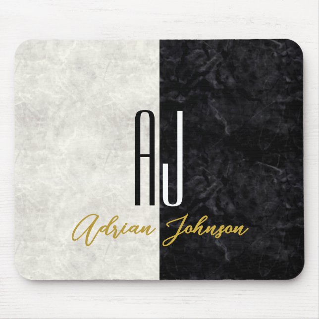 Black Gold Marble Monogram Mouse Pad (Front)