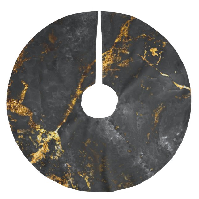 Black Gold Marble, Natural Pattern. Brushed Polyester Tree Skirt (Front)