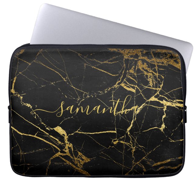Black Gold Marble Script  Laptop Sleeve (Front)