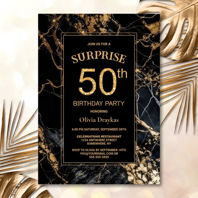 Black Gold Marble Surprise 50th Birthday Party Invitation (Creator Uploaded)