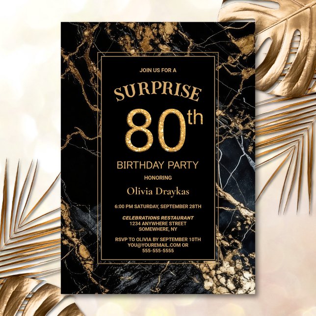Black Gold Marble Surprise 80th Birthday Party Invitation (Creator Uploaded)