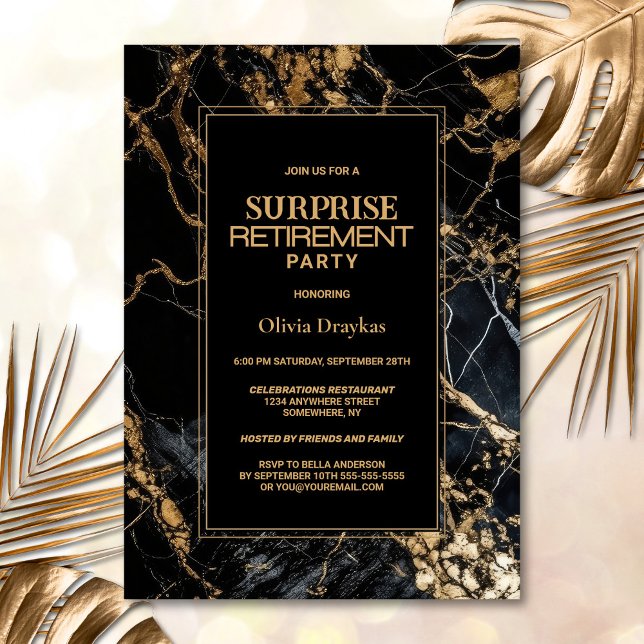Black Gold Marble Surprise Retirement Party Invitation (Creator Uploaded)