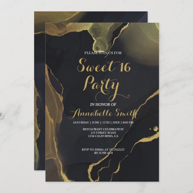black & Gold Marble  sweet 16 invitation (Front/Back)