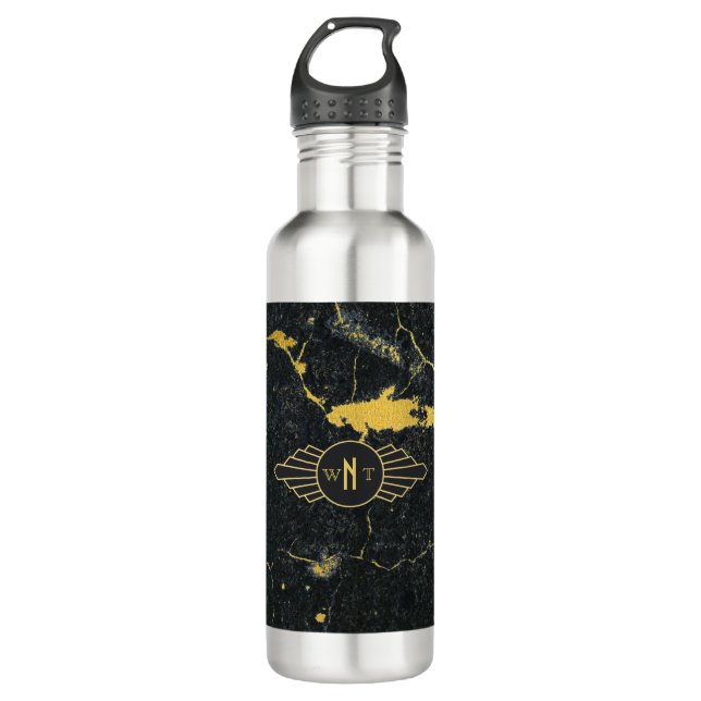 Black Gold Marble Three Letter Monogram Art Deco 710 Ml Water Bottle (Front)