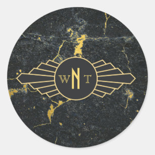 Black Gold Marble Three Letter Monogram Art Deco Classic Round Sticker