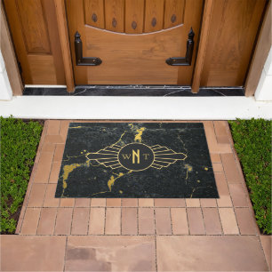 Black Gold Marble Three Letter Monogram Art Deco Doormat