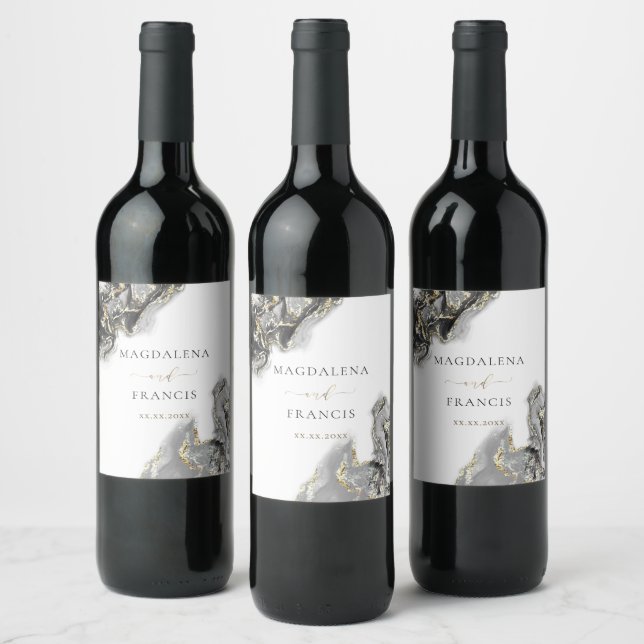 black gold marble wedding Wine Label (Bottles)
