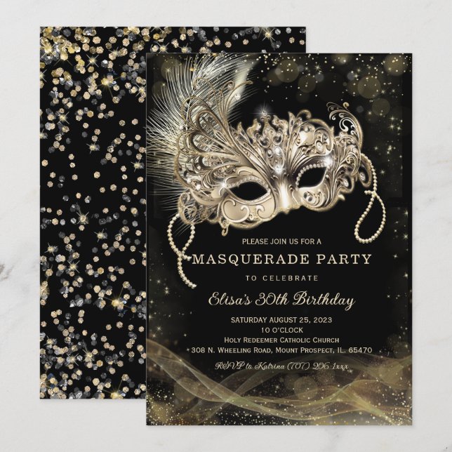 Black Gold Masquerade Birthday Party Invitation (Front/Back)
