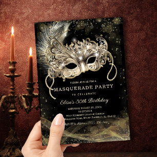 Black Gold Masquerade Birthday Party Invitation