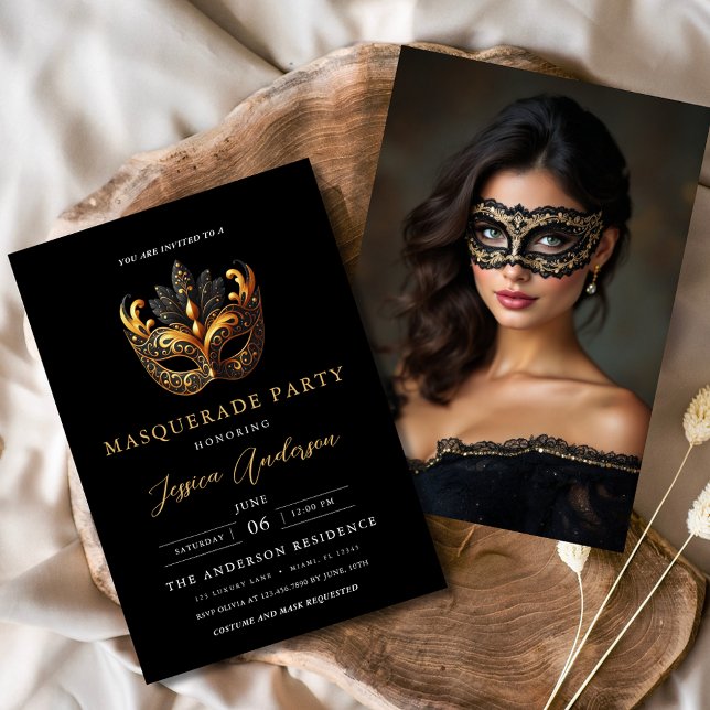 Black Gold Masquerade Party Birthday Photo Invitation (Creator Uploaded)