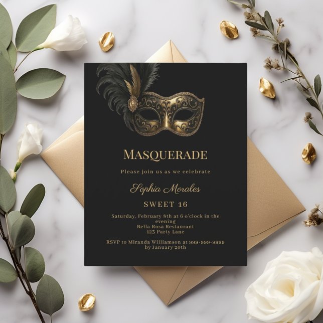 Black gold Masquerade party Sweet 16 invitation (Creator Uploaded)
