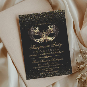 Black Gold Masquerade Quinceanera  Invitation