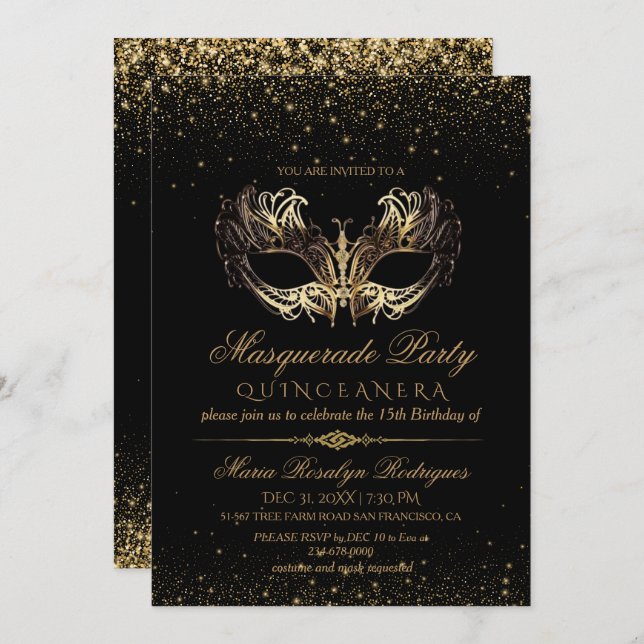 Black Gold Masquerade Quinceanera  Invitation (Front/Back)