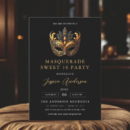 Black Gold Masquerade Sweet 16 Birthday Party Invitation