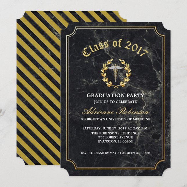 black gold med school graduation party invitation (Front/Back)