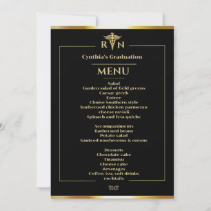 Black & Gold Medical Graduation Dinner Menu Invitation