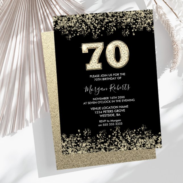 Black & Gold Mens Womans 70th Birthday Party Invitation (Creator Uploaded)