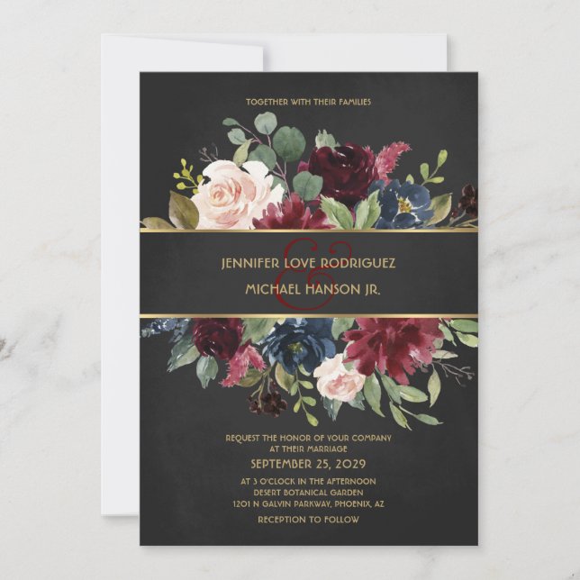 Black Gold Merlot Navy Floral Blooms Wedding Invitation (Front)