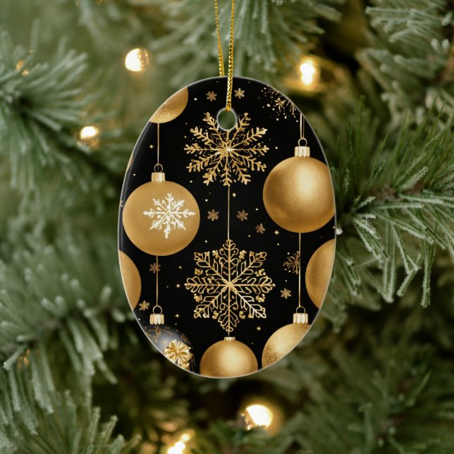 Black & Gold Merry Christmas Ball Ceramic Ornament (Tree)