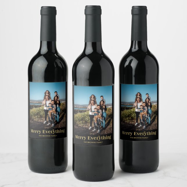 Black & Gold Merry Christmas Photo Wine Label (Bottles)