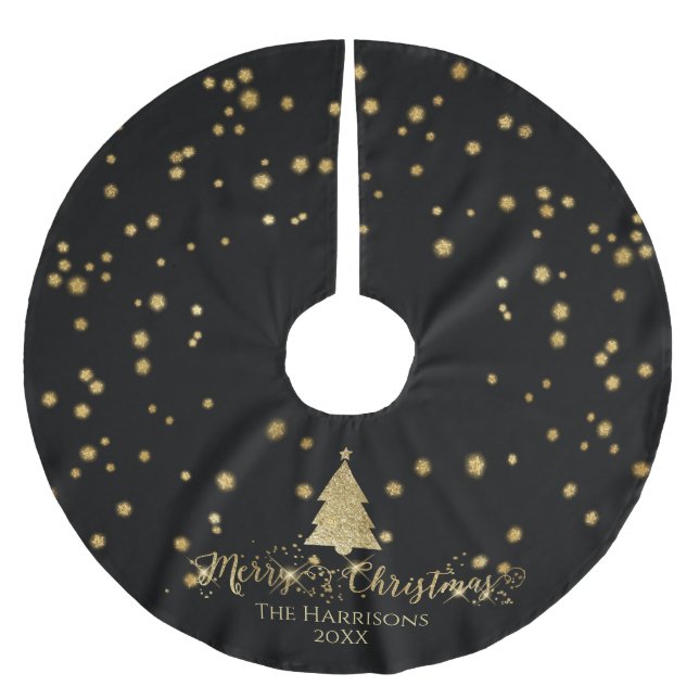 Black Gold Merry Christmas Tree Sparkles Brushed Polyester Tree Skirt (Front)
