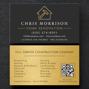Black Gold Metal Home Renovation QR Code Business Card