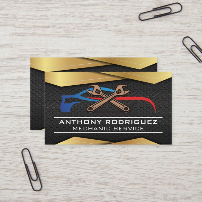 Black Gold Metal | Sports Car Wrenches Logo Business Card (Front/Back In Situ)